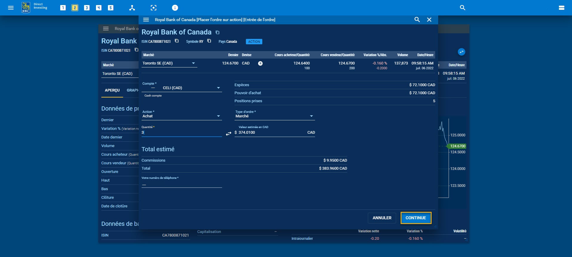 Bouton Continuer en surbrillance sur la page de l’entrée des ordres